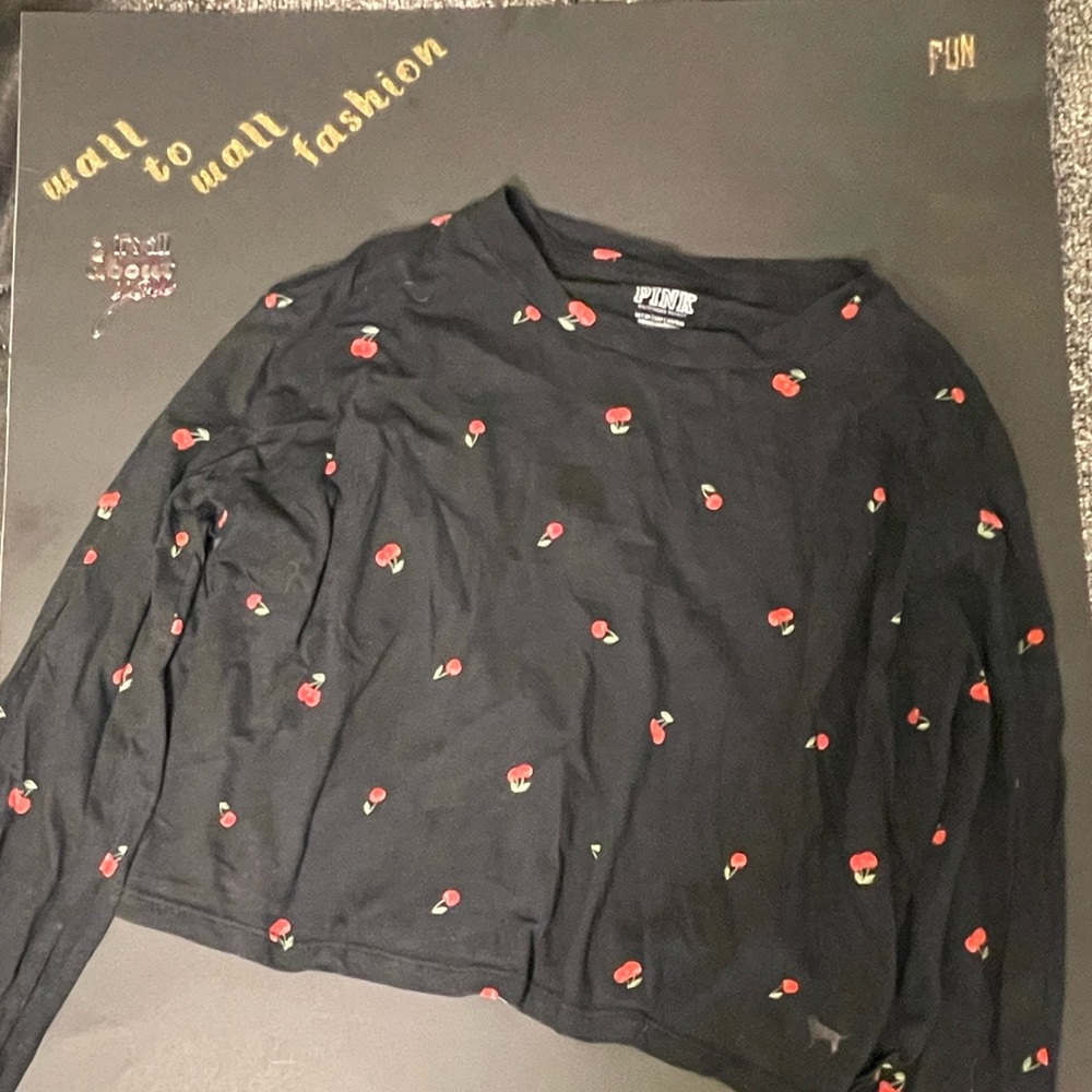 Black long sleeve shirt with cherry print. Unique item. PINK.